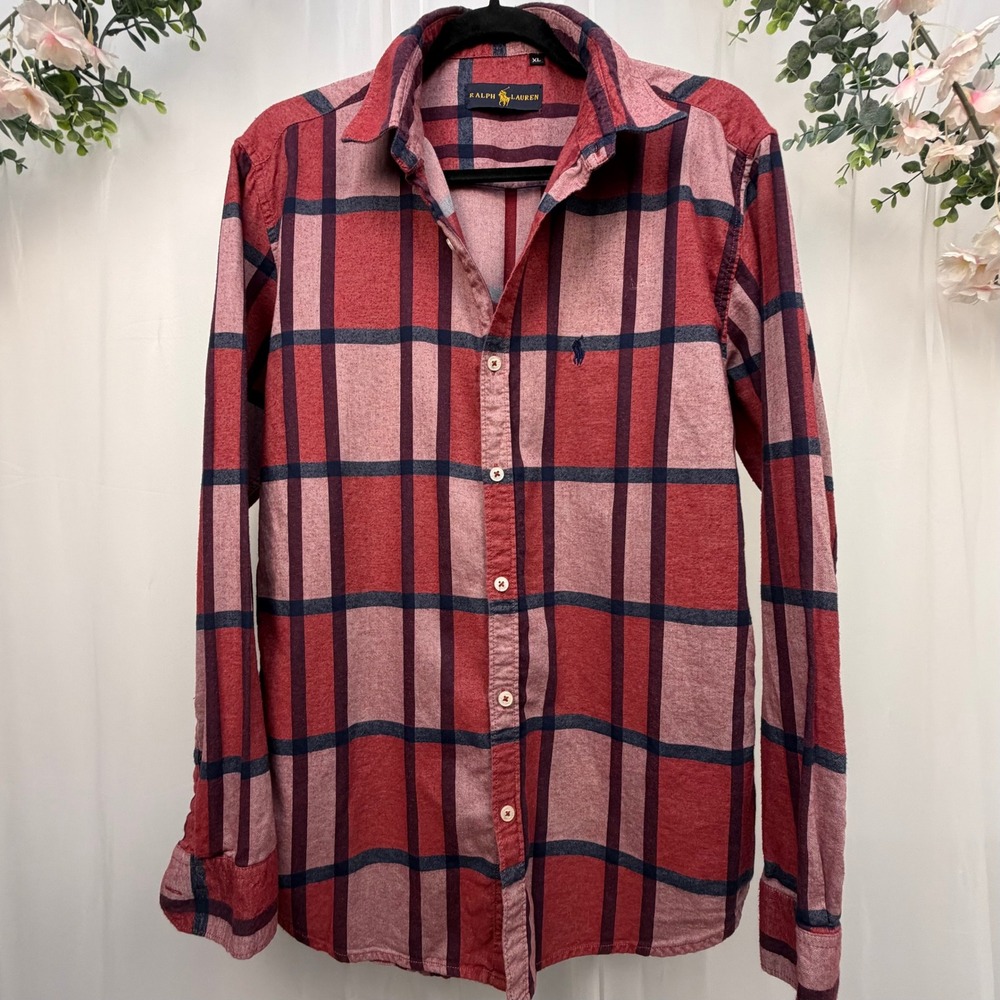Polo Ralph Lauren Mens XL Plaid Button Down Shirt Red Navy Blue Stretch Cotton